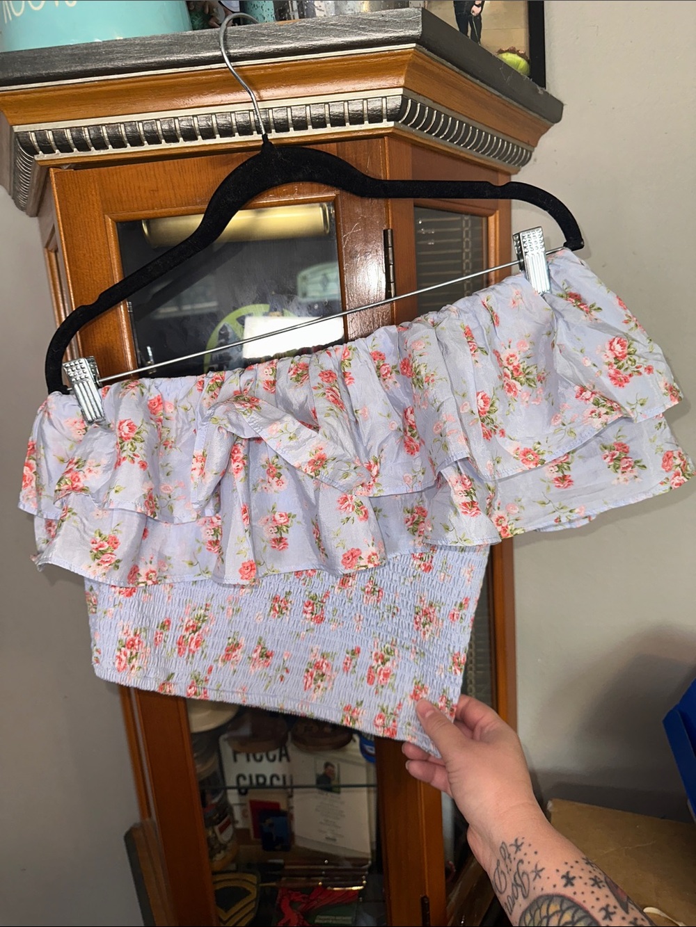 Abercrombie & Fitch Lavender Floral Off-Shoulder Ruffle Crop Top